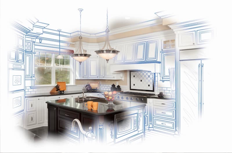 Kitchen sketched in blueprint style